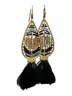 Stella & Dot Gold and Black Beaded Teardrop Tassel Earrings